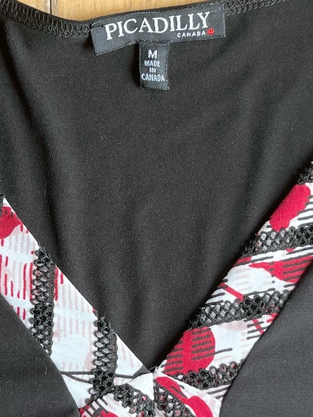 Picadilly Canada Black V-Neck Long Sleeve Top with Patterned Trim – Size Medium - Picture 2 of 7